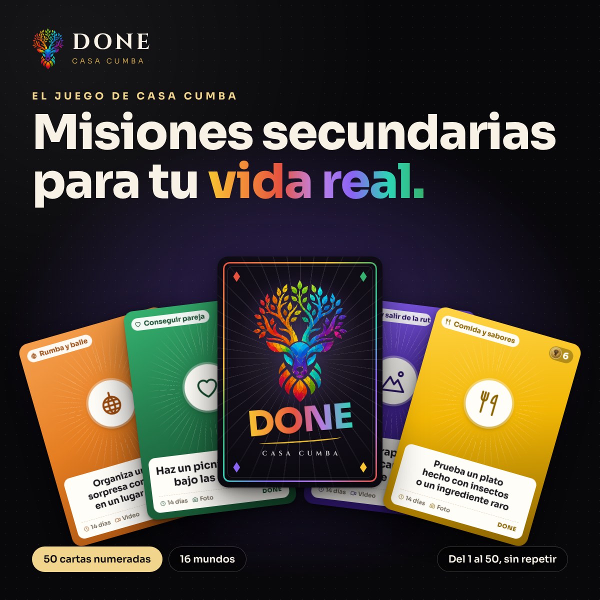 DONE, el juego de misiones secundarias de Casa Cumba: 50 cartas numeradas por mundo